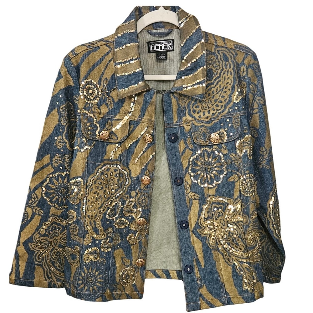 Vtg Derek of Hollywood‎ Women's L Embellished Denim Jacket Sequins Paisley #223